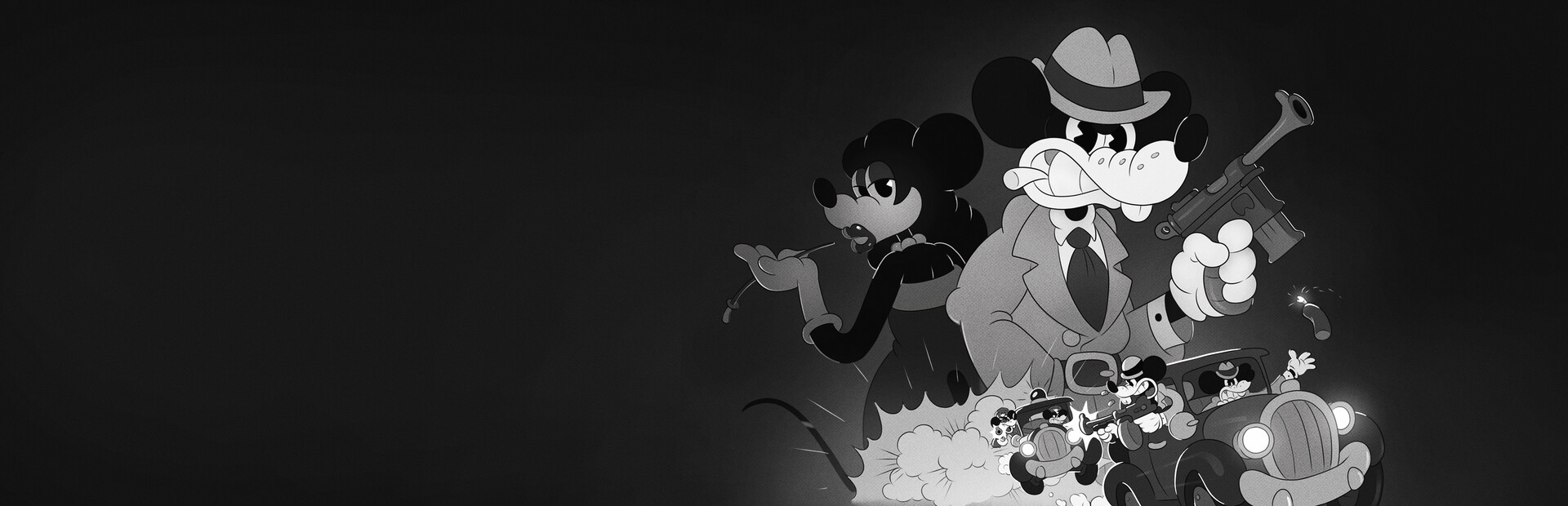 MOUSE: P.I. For Hire key art - rubber-hose noir mouse detective with a gun