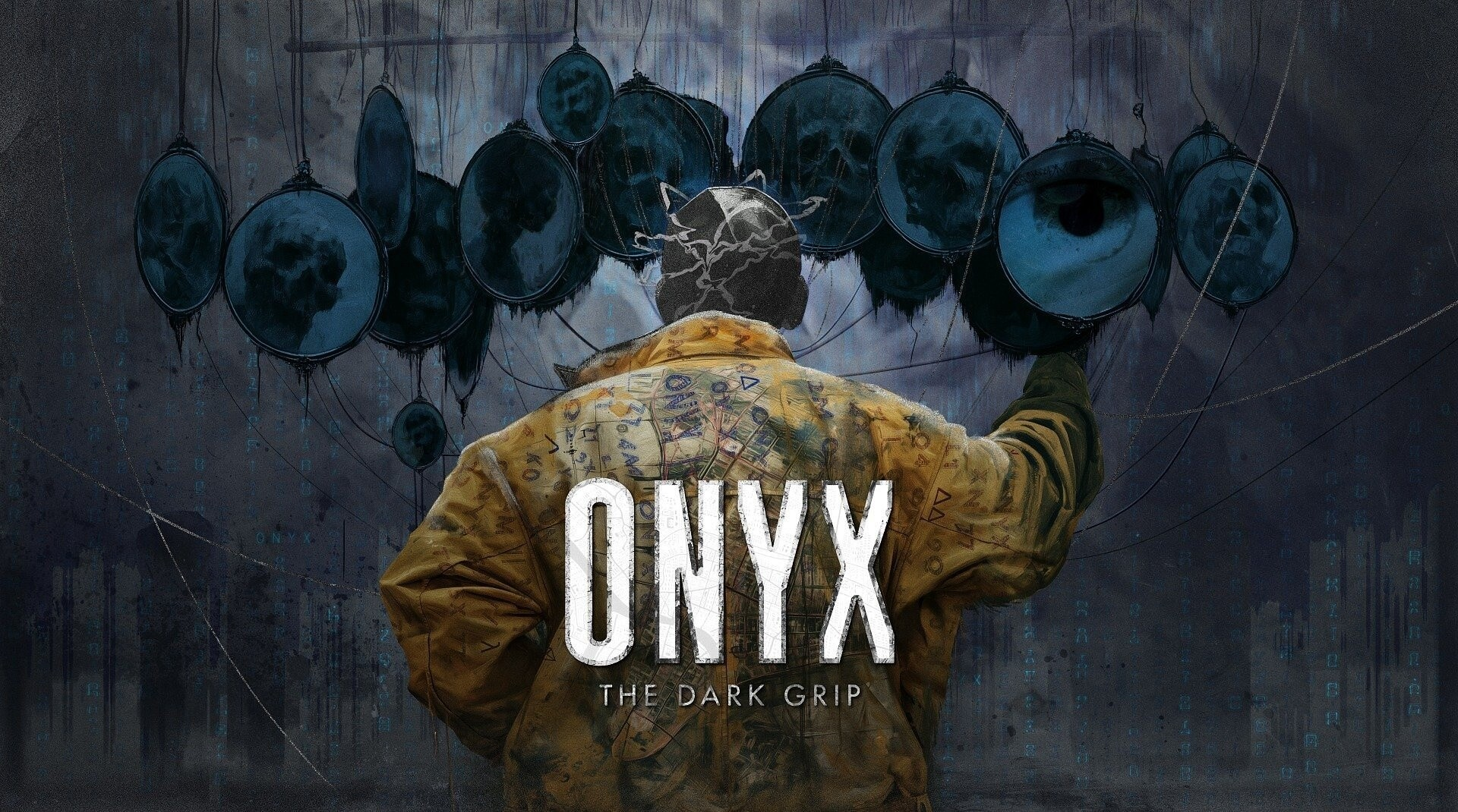Onyx: The Dark Grip key art - a figure in a yellow jacket beneath hanging eyes